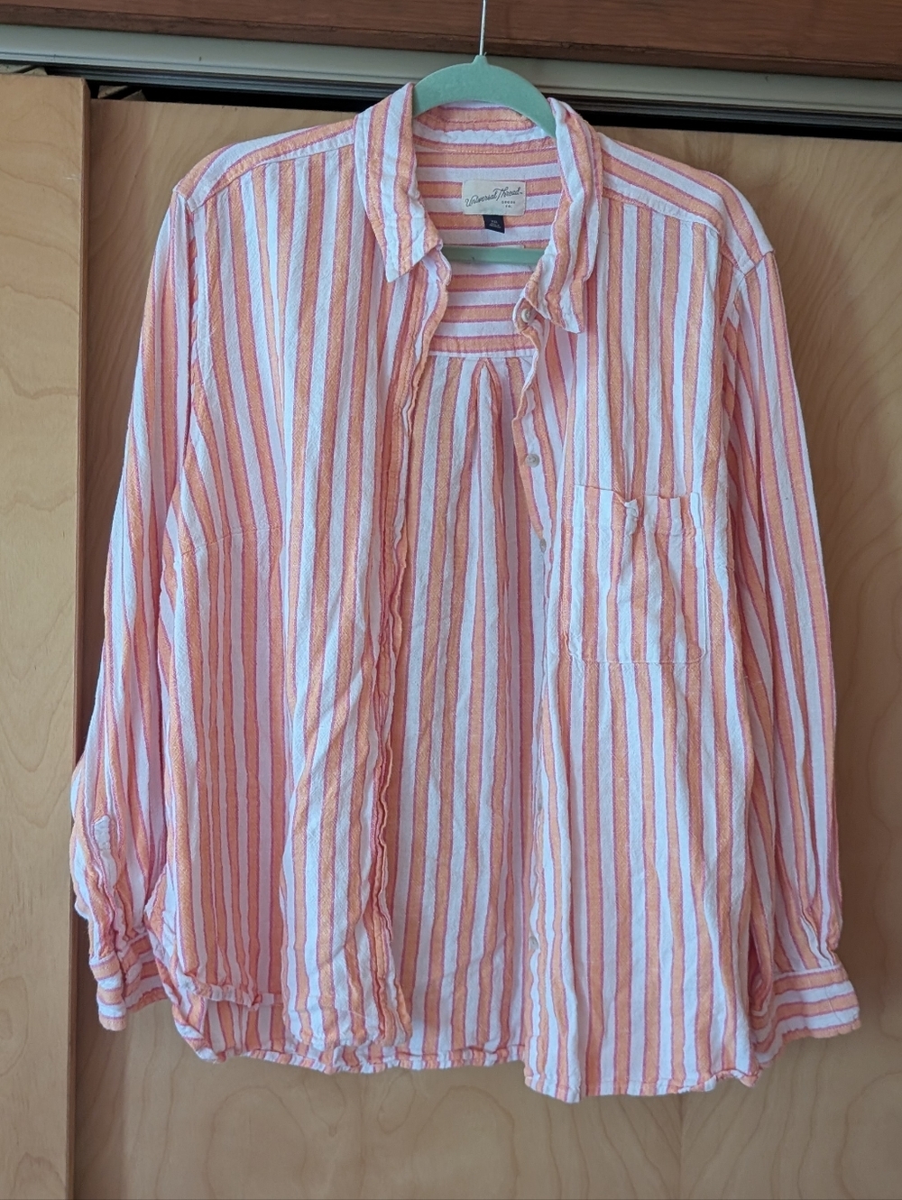 Universal Thread Linen Blend Peach and White Striped Casual Button-Down Shirt